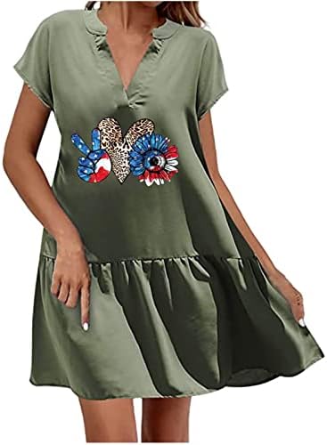 Femei 4 iulie rochie cu mânecă scurtă v gât bumbac rochii swing rochii scurte vara casual rochie de timbre cu robine