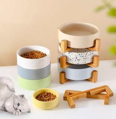 Set de boluri ceramice pentru câini și pisici cu suport din lemn, Set Modern de apă alimentară ponderată pentru câini de dimensiuni