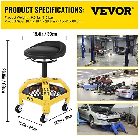 Scaun de garaj rulant VEVOR, capacitate 300 lbs, înălțime reglabilă de la 24 in la 28,7 in, scaun mecanic cu roți pivotante
