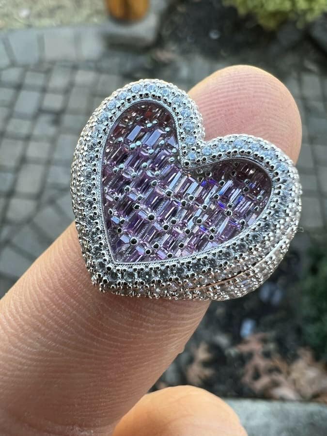 Mens Doamnelor Roz bagheta inel-Real Solid 925 argint inima inel-Hip Hop 3D inima în formă de inel-Iced Ring sz 5-13