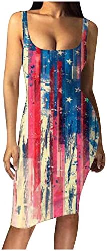 HCJKDU 4 iulie Rochie pentru femei curea largă cu mâneci fără mâneci u gât American Flag Mini rochii Bodycon Slim Fit Summer