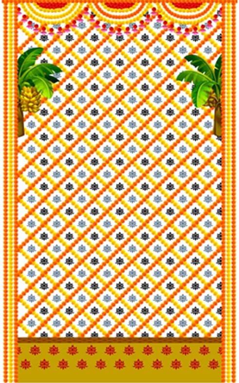 Satvik 8x5ft. Fundal de țesătură pentru pooja pujan decorare marigold garland frunze de banane imprimeu indian festiv festiv