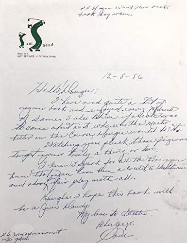 Sam Snead scris de mână scrisoare semnată la jucător de golf Doug Sanders-Golf tăiat semnături