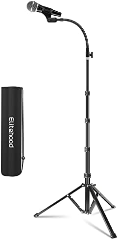 Suport pentru microfon pliabil din aluminiu Elitehood, braț pentru microfon înalt și reglabil pe înălțime de 82, suport pentru trepied pentru microfon cu suport pentru microfon pentru cântat, performanță, Karaoke, vorbire, scenă și exterior