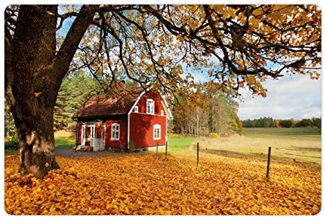 Ambesonne Fall Pet Mat pentru hrană și apă, ciudat tradițional roșu suedez casă liniștită Mediu cabana rural Woods, dreptunghi