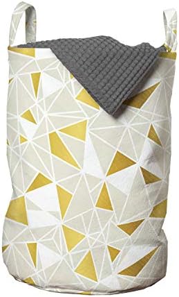 Geantă de rufe poligonală Ambesonne, Ilustrație abstractă a triunghiurilor geometrice simpliste ritmice, coș de coș cu mânere Închidere cu șnur pentru spălătorii, 13 x 19, coajă de ou galben pământ