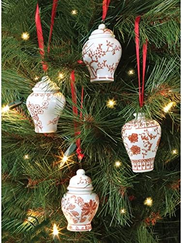 Ornamente de borcan mini de ghimbir, set de 4 ornamente agățate din porțelan, Crăciun