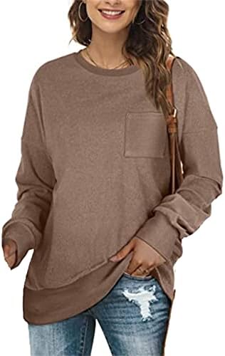 Silunma2021 Tricouri de culoare solidă pentru femei casual buzunar blaturi cu gât rotund tee tricouri cu mânecă lungă pulovere