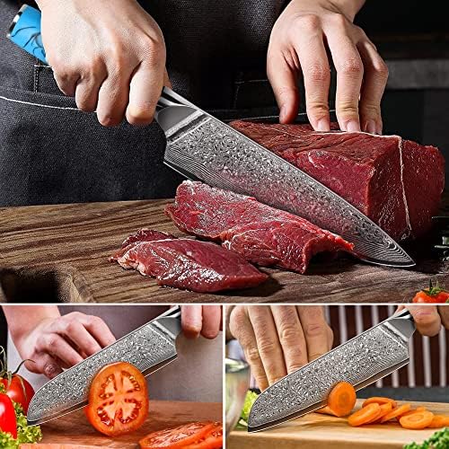 Siguranța la domiciliu Damasc Chef cuțit și Santoku cuțit 2 piese japoneze VG10 - 67 strat Damasc oțel profesional Chef Cuțite-Full Tang Razor sharp Kitchen Knife Set cu mâner ergonomic turcoaz