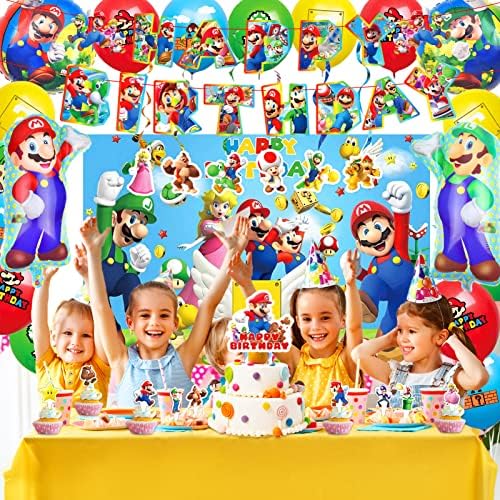 Mario Birthday Party Supplies-Mario Party Supplies Includ Banner Fata De Masa Agățat Swirls Baloane Tort Toppers, Super Tematice