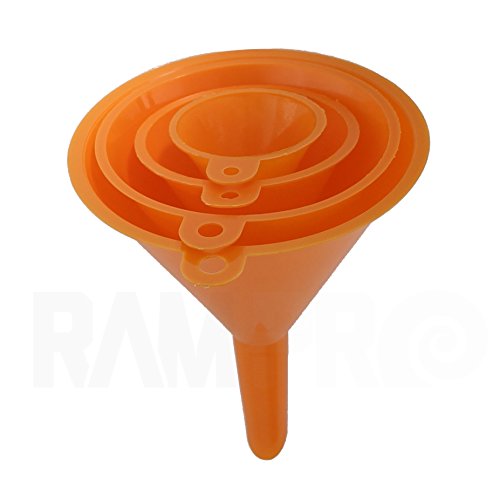 Set de pâlnie din plastic portocaliu strălucitor cu gură largă RAM-PRO, din 4 piese, pentru transfer rapid și curat de lichide,