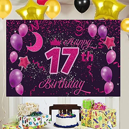 Sweet Happy 17th Birthday Backdrop Banner Poster 17 Decorațiuni pentru petreceri de naștere 17 Exploagă de petrecere de naștere