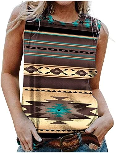 Cămăși de tanc occidental pentru femei 2023 Vintage fără mâneci Aztec tipărit cu un tricou cu gât otnic de antrenament tunică