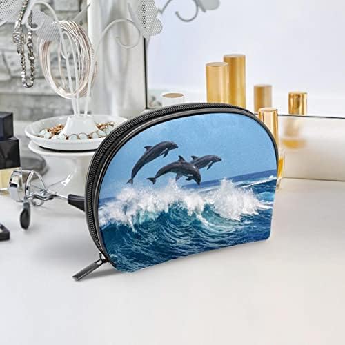 Geantă de toaletă de călătorie, organizator portabil de machiaj, suport cosmetic pentru setul de perii, delfini cu valuri de