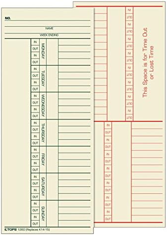 TOPS 1260 Card de timp pentru Cincinnati, zile numite, față-verso, 3 3/8 x 8 1/4