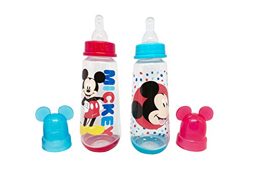 Disney Cudlie Mickey Mouse Baby Boy 2 Pachet de sticle de 9 Oz cu caracter detașabil capac turnat în Baby Mickey Star Print în roșu și albastru