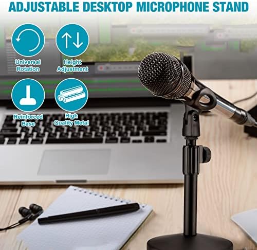 HOTEAM 4 bucăți microfon desktop stand reglabil masă microfon mic microfon microfon birou cu 5/8 masculin până la 3/8 feminin șurub de metal bază rotund pentru interviuri de birou, negru