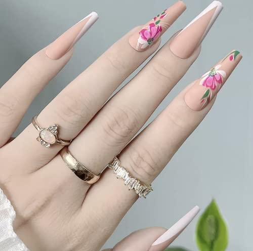 Glamour 24 buc - 12 Dimensiuni presă acrilică pe unghii lungi medii, lipici sicriu pe floare albă și roz