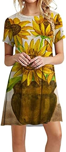 Rochii de vară adssdq pentru femei 2023 Distracție distracție floarea soarelui cu imprimeu rochie liberă echipaj cu mânecă scurtă cu mânecă scurtă, lungime de genunchi, fustă de plajă