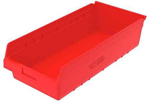 Coșul de depozitare a raftului, roșu, plastic, 23 5/8 în L x 11 1/8 în W x 6 în H, capacitate de încărcare de 35 lb