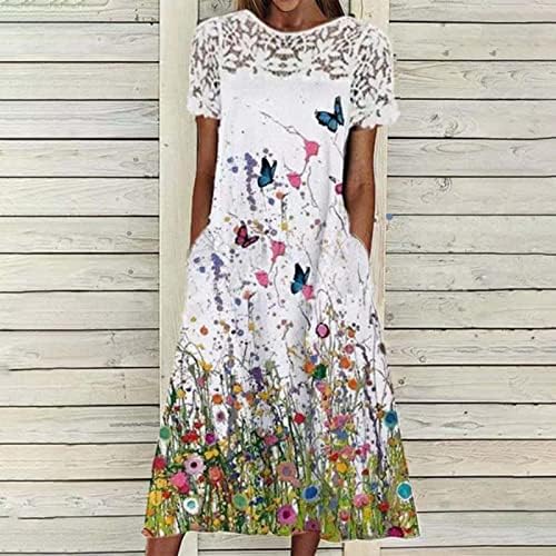 Rochii de vară pentru femei 2023, rochie florală Maxi tricou dantelă îmbinare Rochie de Top fluture lung rochie grafică pentru petrecere