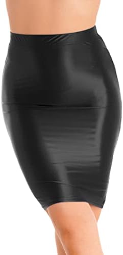 Loloda Women’s Glossy Semi Semi -Semi prin intermediul Basic BodyCon Creion Tube Short Mini Fustă Negru A Mediu