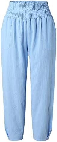 Lenjerie de bumbac trunchiate pantaloni femei vara Casual Capri pantaloni cu buzunare talie mare confortabil Plaja pantaloni