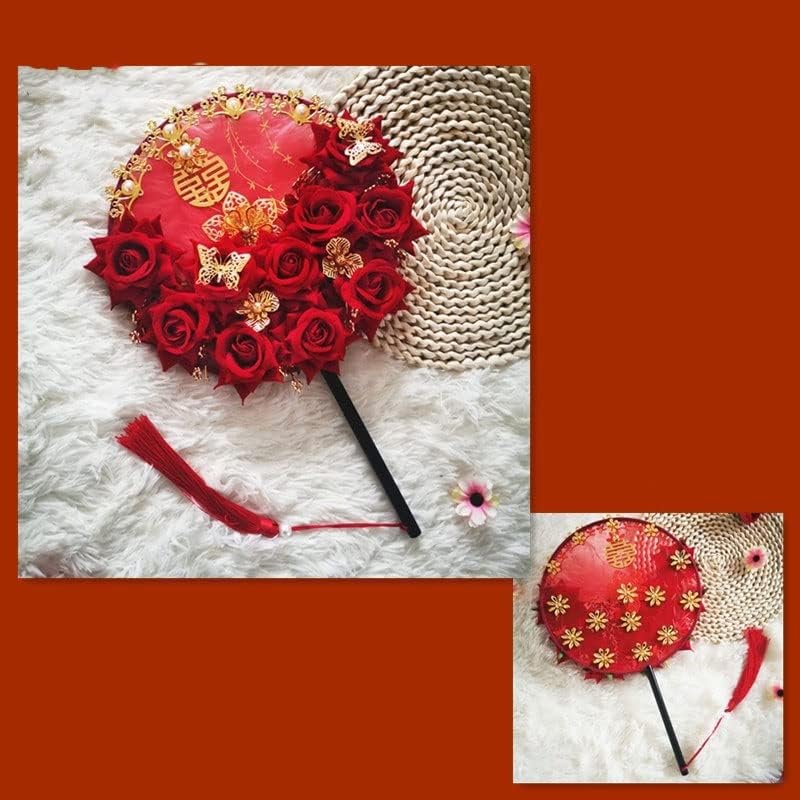 YCFBBH Trandafiri artificiali Flori roșii Flori de mireasă Mâna Buchet Fan în stil chinezesc Mirele Metal Gold Accesorii pentru