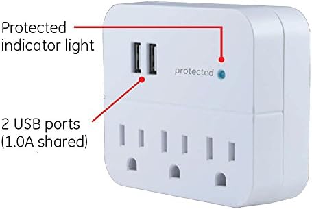 Protector de supratensiune extender GE 3-outlet cu 2 porturi USB, stație de încărcare, robinet de perete, indicator protejat,
