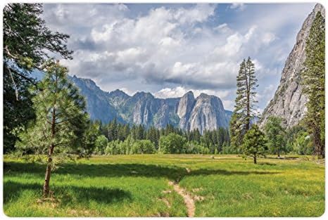 Ambesonne Yosemite pet Mat pentru hrană și apă, pajiști din Valea Yosemite cu copaci nori pufoși stâncă imagine atracție turistică,