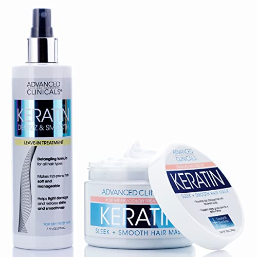 Keratin Hair Mask Treatment + Detangler leave-In Keratin Conditioner set 2PC pentru a ajuta părul să restabilească, să îmbunătățească și să crească. Balsam detoxifiant cu keratină și mască fortifiantă pentru repararea părului, Set Din 2 piese
