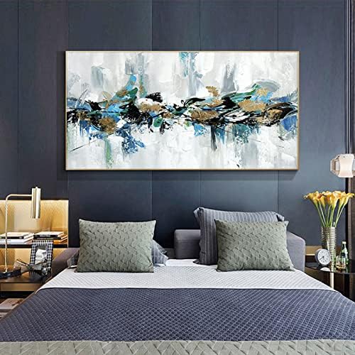 Pictură modernă cu ulei texturat picturat manual - Abstract Banner Gold Foil Blue Fundal minimalist pe pânză Artă de perete