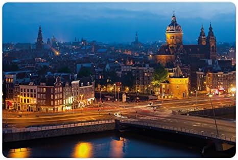 Ambesonne City pet Mat pentru hrană și apă, Vedere nocturnă la Amsterdam faimosul punct de reper arhitectura europeană de călătorie