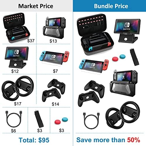 Kit Hystop Case & Accesorii pentru Nintendo Switch, 12 în 1 Case de transport Switch, Playstand, JoyCon Breening Volan, JoyCon